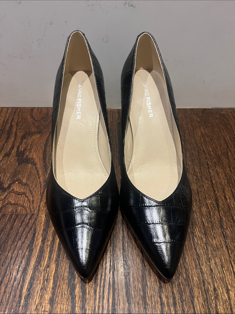 Marc Fisher Black Croc-Embossed Block Heel Pumps